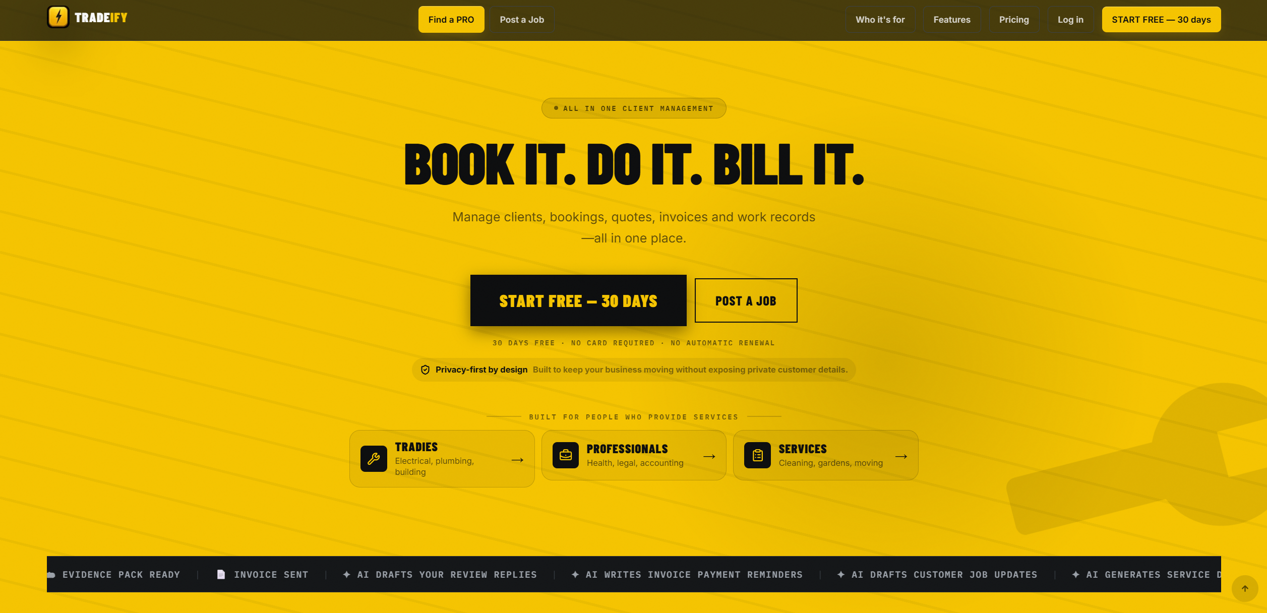 Tradeify client management and booking SaaS homepage